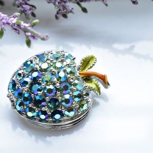 Vintage Rhinestone Sparkly Blue Green Apple Brooch
